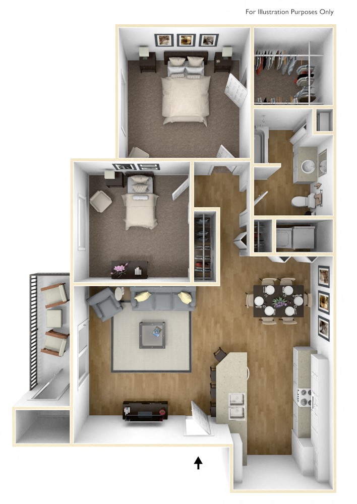 Floor plan for 2 beds, 1 bath, 907 sqft